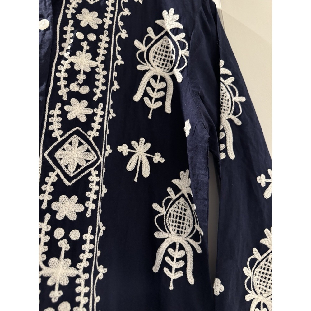 Frisqie Embroidered Cotton Tunic Dress Womens Medium Navy White Boho Long Sleeve - Picture 3 of 7